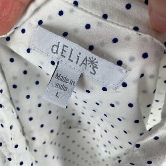 Delias top L white navy blue polkadot button down - Picture 7 of 9